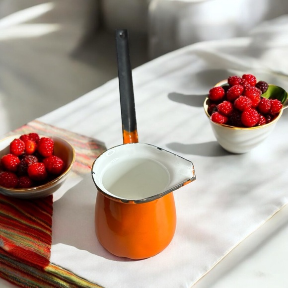 Vintage Enamelware Melting Pot Orange White Distressed 2.4”x2.4” Handle is 4.7” - Picture 2 of 10